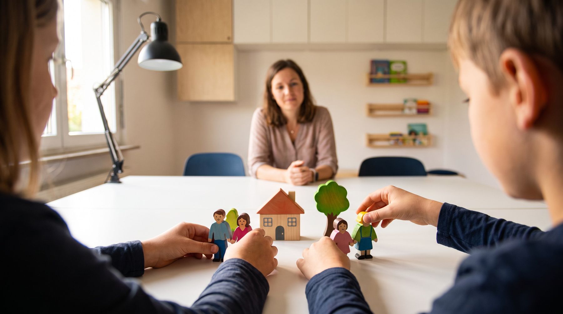Kinderhände bewegen Holzfiguren beim Rollenspiel